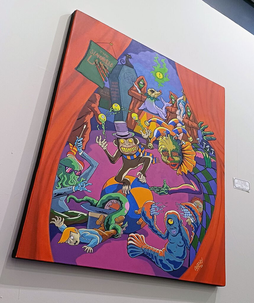 Vista en contrapicado de “The Unholy Parade of Circus Nightmares”, pintura de Corpz en acrílico sobre lienzo (70 x 90 cm), parte de la serie The Sovereign Cult of the Satanic Unicorns. Exhibida en Galería Sérvulo Gutiérrez, 2025.